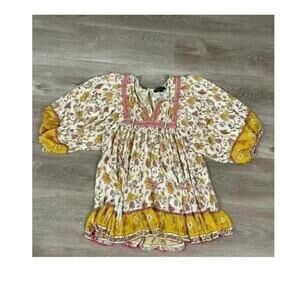 Rachel Zoe 3/4 Sleeve Peasant Top Size S Small Floral Blouse Boho, Yellow Pink